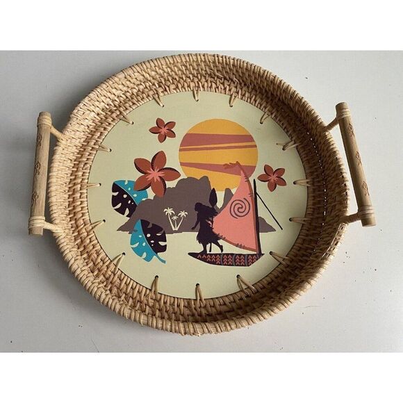 Disney Parks Moana Rattan Wicker Wooden Serving Tray Plate With Handles NEW - Picture 1 of 14